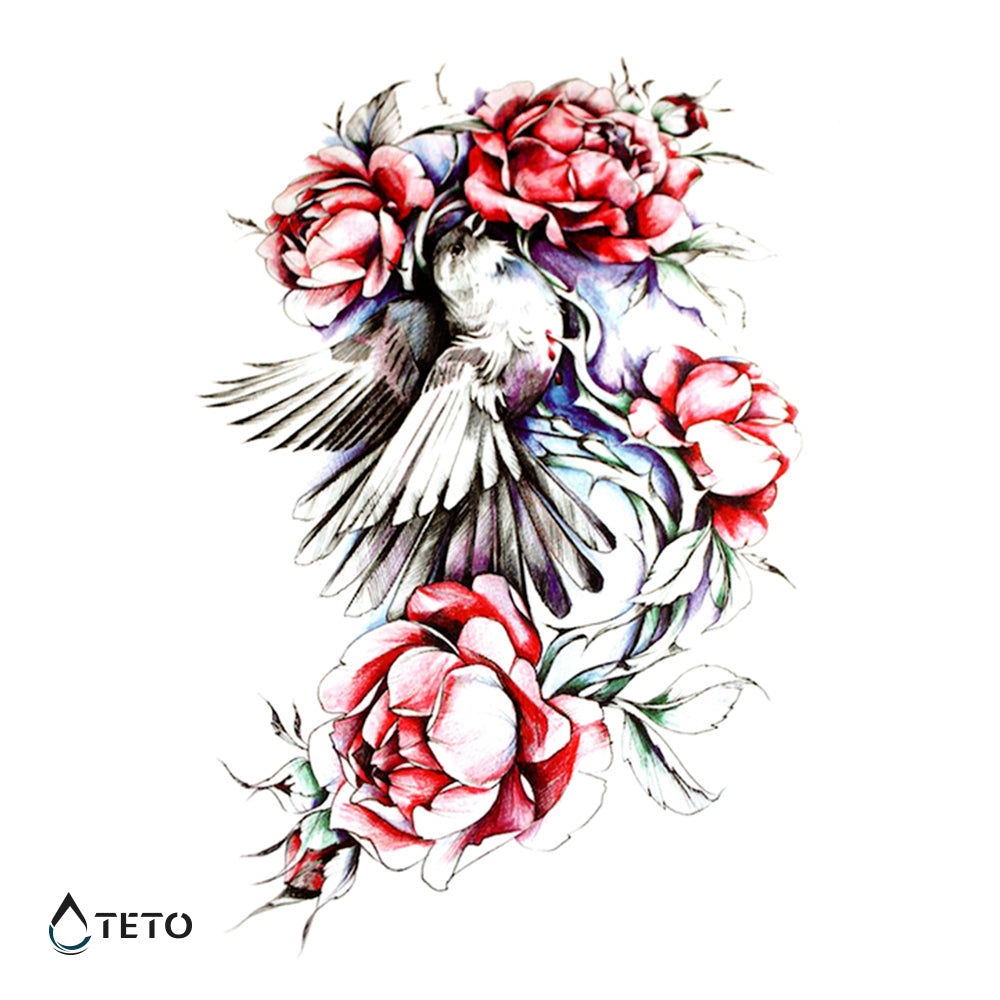 Pájaro En Flores Rojas - Mediano Tatuajes Temporales