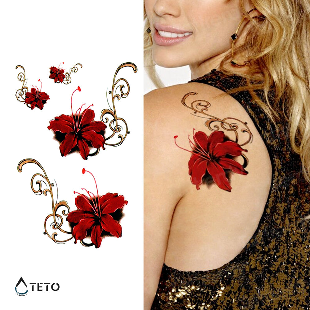 Flores Rojas Con Raices Doradas - Mediano Tatuajes Temporales