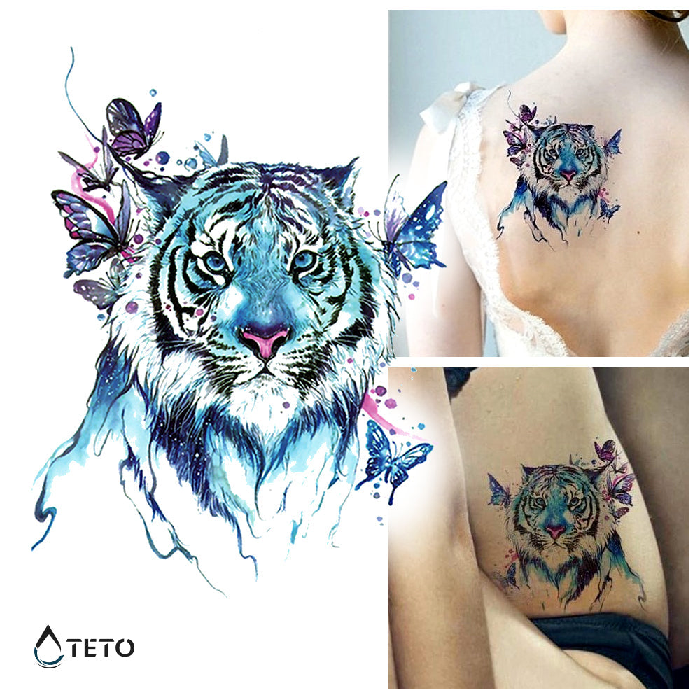 Tigre Azul Con Mariposas - Mediano Tatuajes Temporales