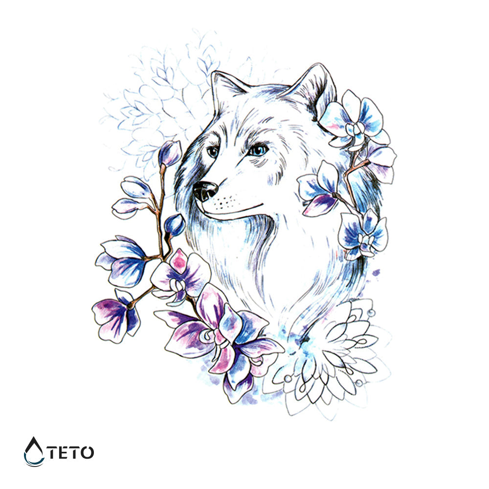 Lobo Floral Blanco - Mediano Tatuajes Temporales