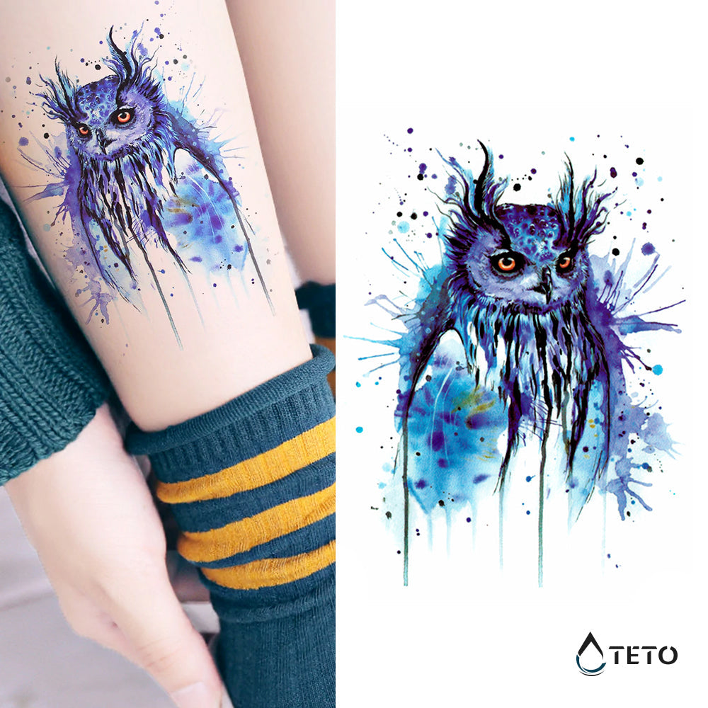 Búho Azul - Mediano Tatuajes Temporales