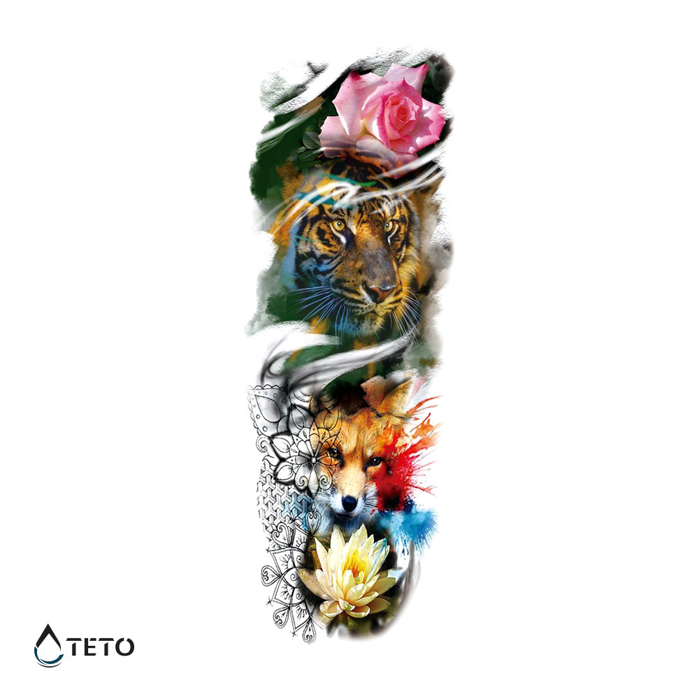 Tigre Y Zorro Con Flores - Manga Tatuajes Temporales