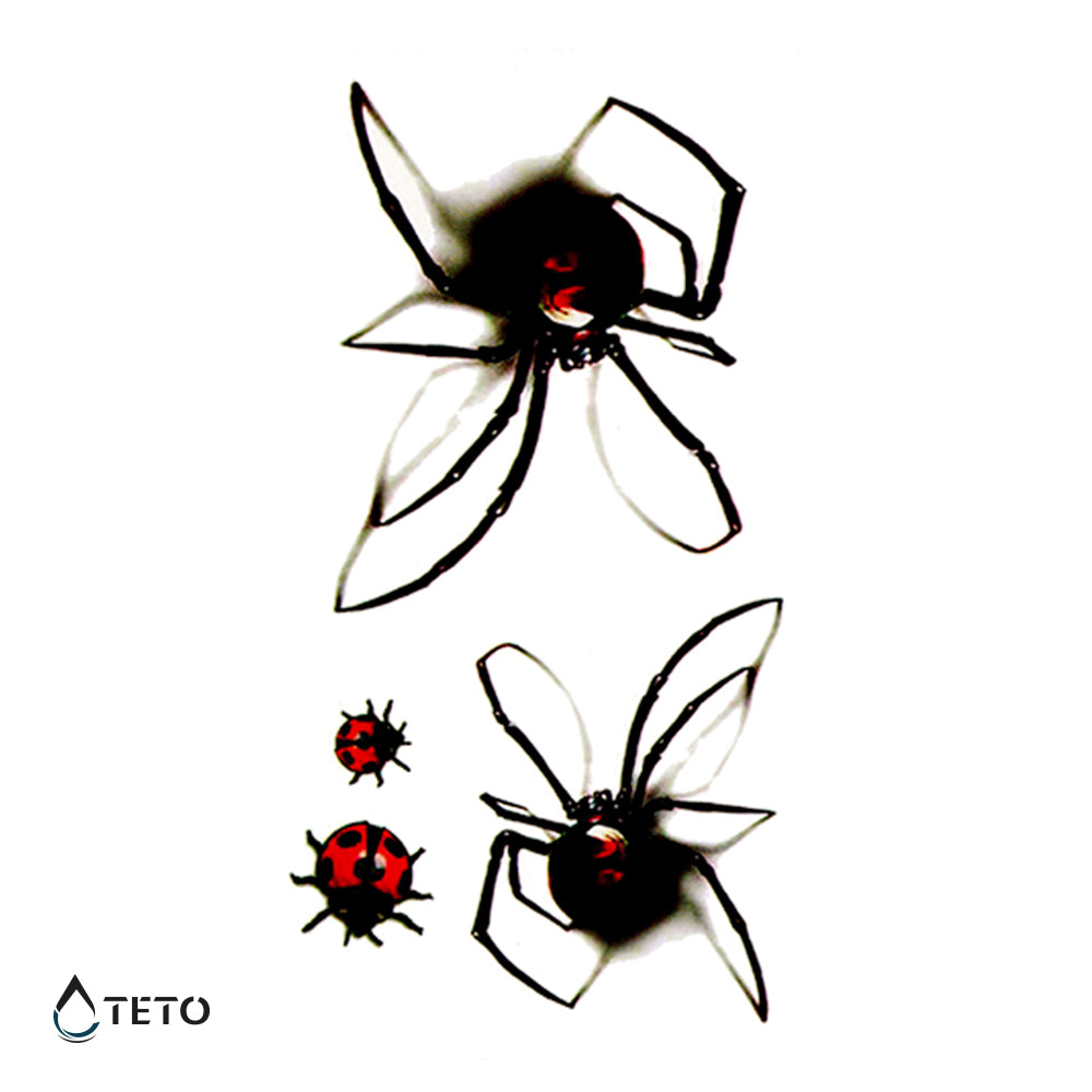 Arañas Viuda Negra 3D Con Mariquitas - Set Pequeño Tatuajes Temporales
