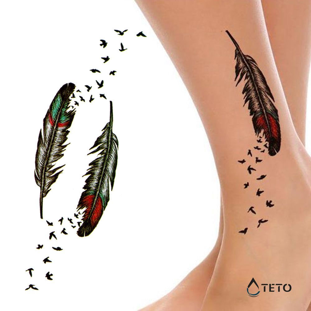 Plumas Con Aves - Set Pequeño Tatuajes Temporales