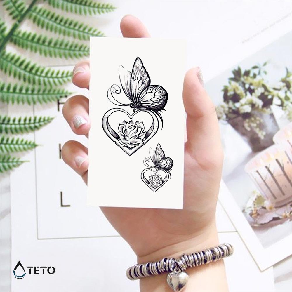 Corazón Con Flor Mariposa - Pequeño Tatuajes Temporales